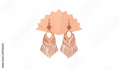 Handcrafted macrame earrings vector with peach fan decorative backdrop isolated on white background