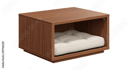 Modern minimalist wooden pet bed with comfortable soft white cushion for dogs or cats in contemporary furniture design style