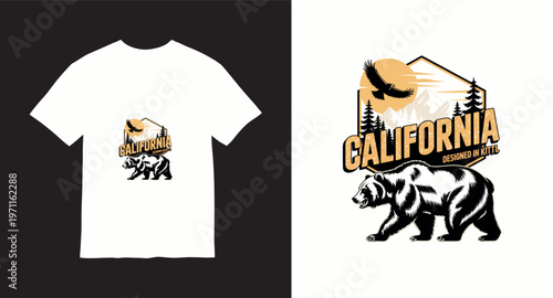 California designed in kittl t-shirt design grizzly bear mountains trees eagle wildlife