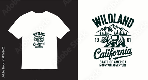 A vintage style wildland california t-shirt design with a grizzly bear mountain forest landscape and retro typography