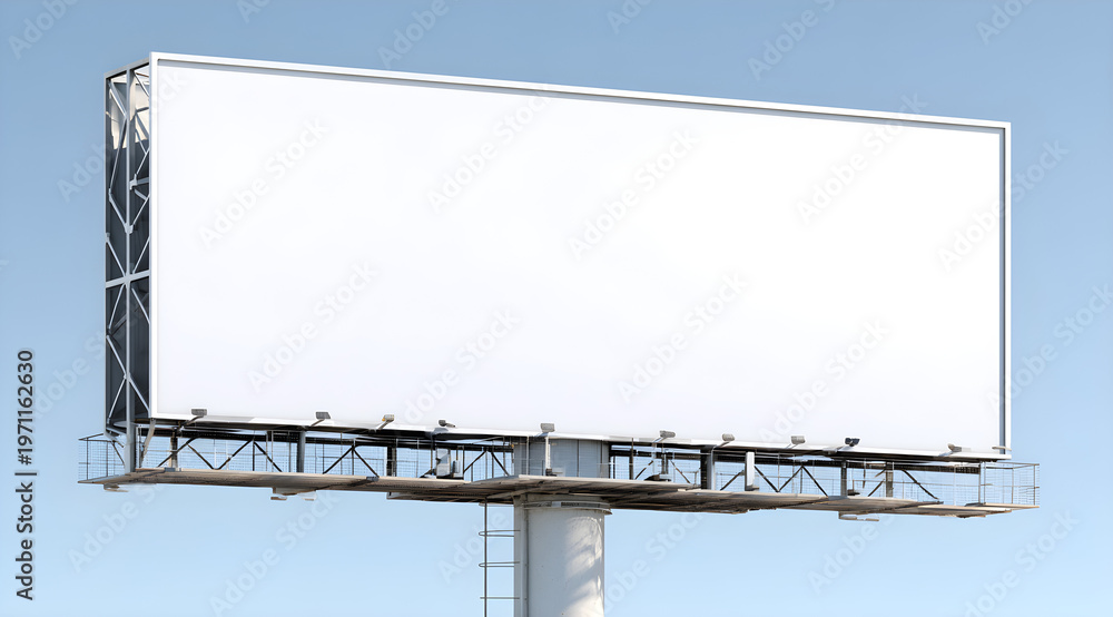 Obraz premium Large blank white billboard on metal structure in urban setting with blue sky