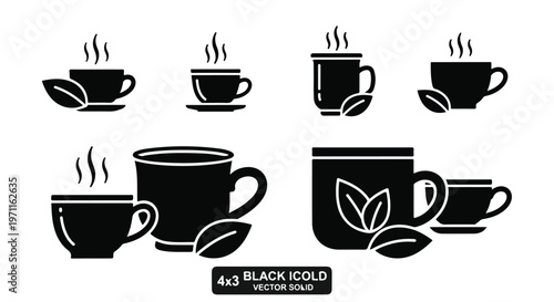 Set of 8 Black Coffee Tea Cups and Leaves Vector Icons
