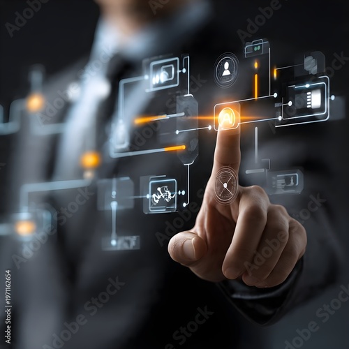 Businessman Interacting with AI Workflow Automation System
Artificial Intelligence Agent Managing Digital Business Process
Smart AI Automation Interface with Connected Workflow Nodes
Futuristic AI Tec