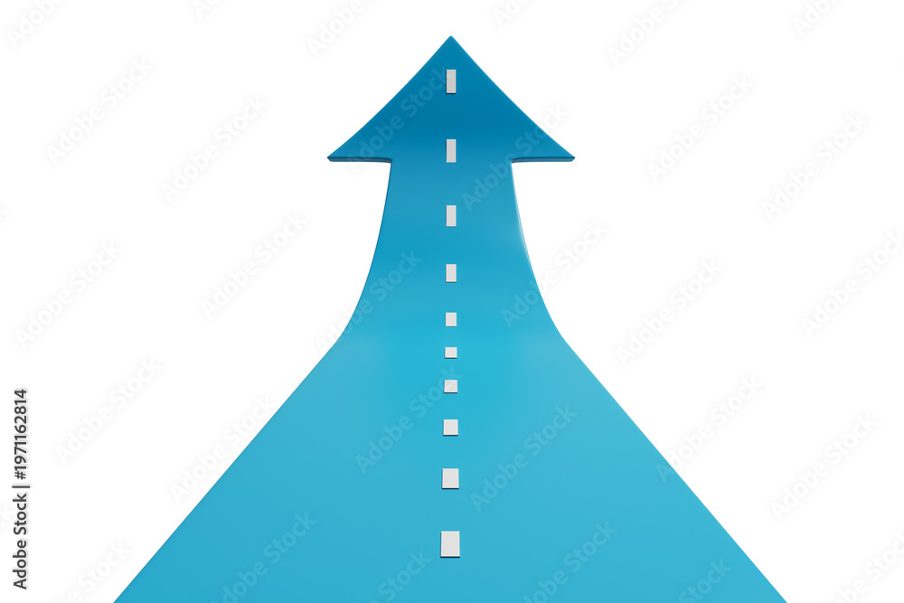 Fototapeta premium Blue arrow road upward in smooth creative style on white background concept of progress and direction 3D Rendering