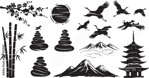 Hand-drawn black ink bamboo stalks with leaves on white background