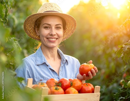 Happy farmer harvesting ripe tomatoes in greenhouse, organic farming.