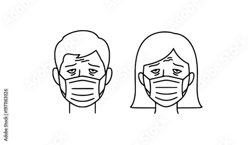 Man and woman wearing protective face masks tired expression outline vector icon isolated on white background