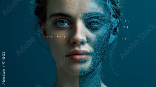 A woman's face is half real, half a digital projection, questioning the nature of reality.