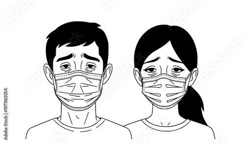 Depressed man and woman wearing medical face mask vector illustration isolated on white background for disease and pollution concept