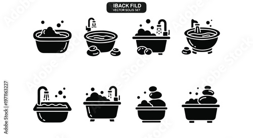 Set of 8 Black Bathtub and Spa Icons Vector