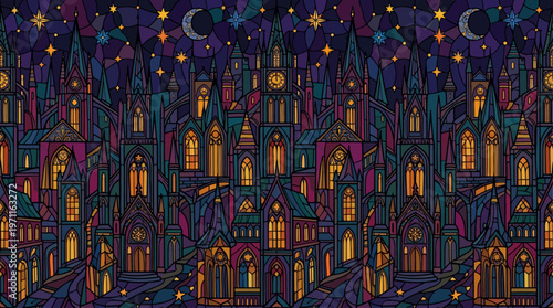 seamless pattern featuring abstract fantasy colorful night gothic city stained glass texture hand drawn