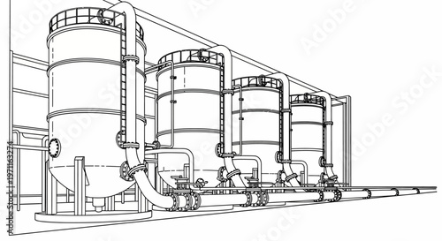 Industrial piping system with valves and tanks technical drawing