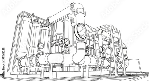 Industrial facility with large storage tanks and piping system illustration