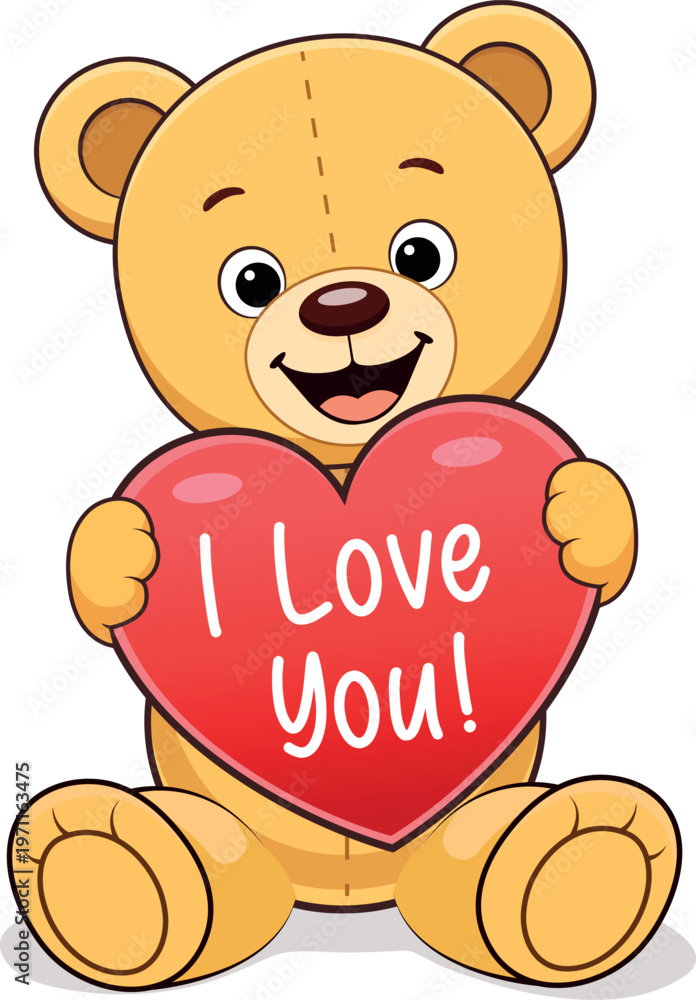 Fototapeta premium Cute Teddy Bear Holding Heart with I Love You Text – Adorable Cartoon Love Vector Illustration
