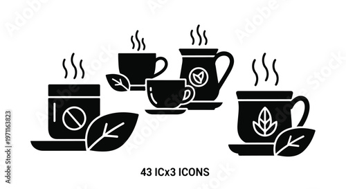 Set of 5 hot drink and tea cup vector icons with leaves