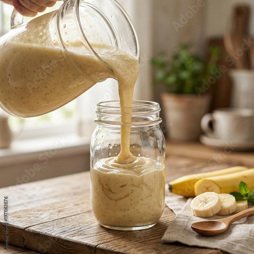 Banana Smoothie Pouring into Glass Jar Creamy Healthy Drink with Fresh Banana Slices Natural Light Food Photography