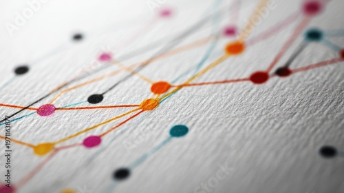 An interactive data visualization graph on white paper featuring multicolored lines and dots with textured surface