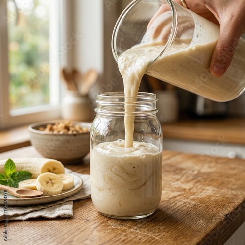 Banana Smoothie Pouring into Glass Jar Creamy Healthy Drink with Fresh Banana Slices Natural Light Food Photography