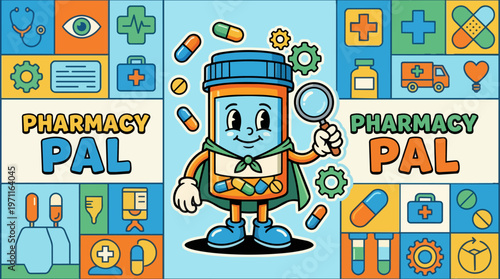 Cartoon pharmacy bottle character.