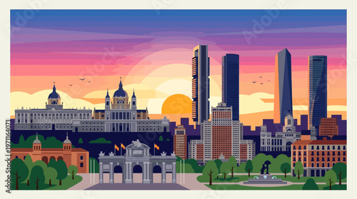 madrid skyline sunrise cityscape spain urban architecture vector