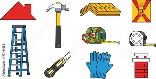 Construction and Building Tools Icons Set with Hammer, Ladder, Tape Measure, Gloves, and House Symbols