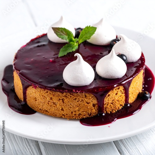 A round, golden cake topped with glistening dark glaze, white meringue kisses, fresh mint, and dark berries on a white plate