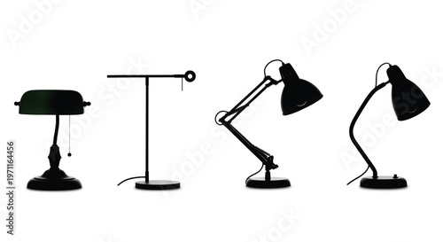 
Four different desk lamps in silhouette on a white background