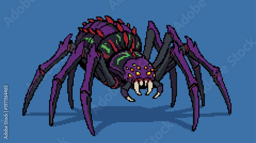 Detailed Vector Pixel Art Spider Monster Illustration for Retro Horror Game Design