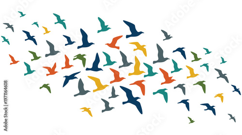 Flock of migratory birds flying in formation across white background.