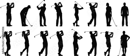 Large collection of black golf player silhouettes featuring male and female golfers in various swing poses and professional athletic stances isolated on white background.
