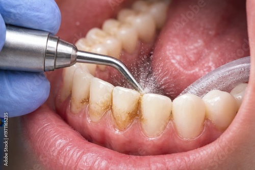 Professional dental cleaning procedure close up. Dentist using ultrasonic scaler to remove tartar and plaque from patient teeth with water spray. Dental hygiene, oral care and stomatology treatment co