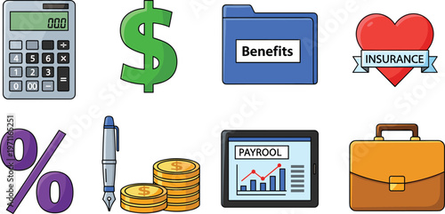 Finance and Payroll Icons Set with Calculator, Dollar, Benefits, Insurance, Paycheck, and Percentage Symbols