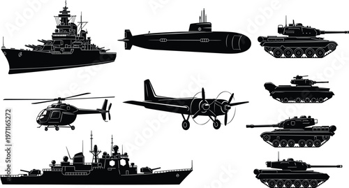 Black military vehicle silhouettes set featuring heavy armored tanks, naval warships, submarine, helicopter, and twin engine aircraft isolated on white background for tactical design projects.