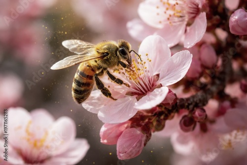 Honey bee pollinating pink cherry blossom flower with golden pollen dust in the air. Close up macro shot of bee on spring fruit tree branch. Nature, ecology and springtime growth concept
