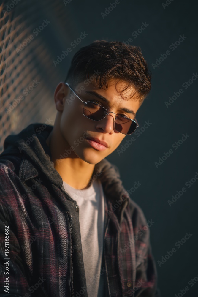 Obraz premium Stylish young man wearing sunglasses and plaid hoodie in moody urban portrait