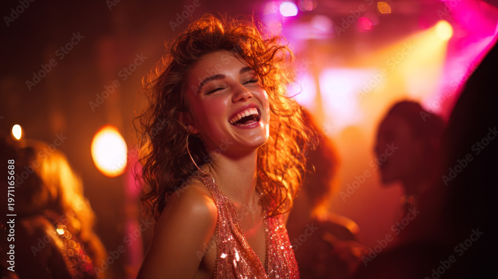 Naklejka premium Joyful Woman Laughing at Festive Night Party Celebration