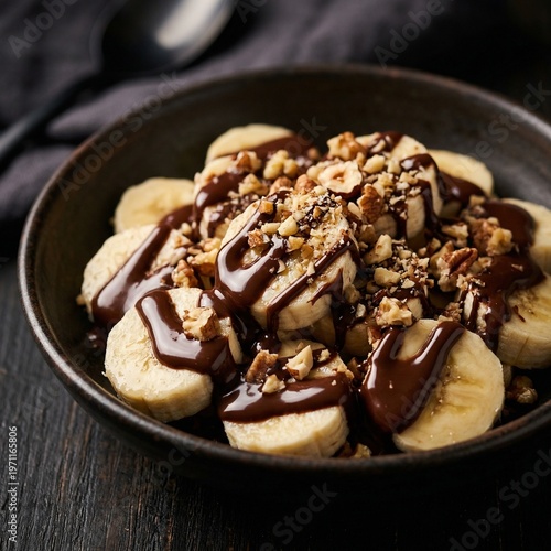 Banana Slices with Melted Chocolate Drizzle and Crushed Nuts Premium Dessert Close Up Dark Moody Food Photography