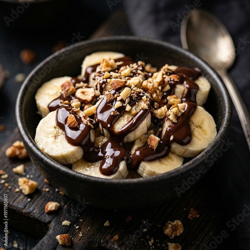 Banana Slices with Melted Chocolate Drizzle and Crushed Nuts Premium Dessert Close Up Dark Moody Food Photography