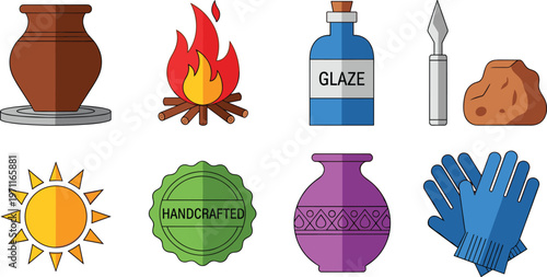 Pottery and Ceramic Icons Set with Pot, Fire, Glaze, Sun, Handcrafted, and Craft Tools Symbols
