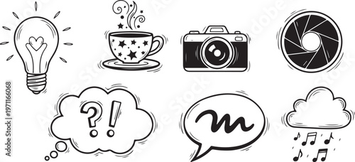 Hand drawn light bulb idea sketch with creative brainstorming doodles