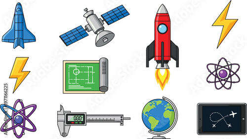 Space and Technology Icons Set with Rocket, Satellite, Lightening, Atom, Earth, and Engineering Symbols