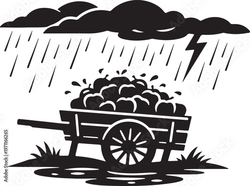 Minimal silhouette of harvest cart overflowing with wet apples in fall storm.