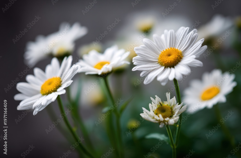 Obraz premium Group of daisies with white petals and yellow centers, delicate floral texture showcasing natural beauty and freshness