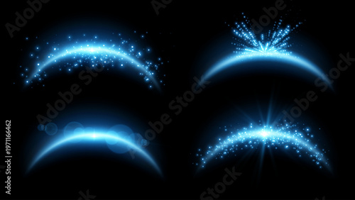 Glowing blue arc with magical sparkles and light trails on dark background. Shining neon curve with star flare effects and luminous glow.