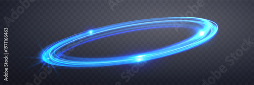 Glowing dynamic  blue magic rings, orbital flare halo ring. Neon realistic energy swoosh swirl. Abstract light effect on a dark transparent background. Vector illustration.