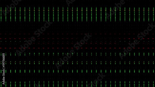 Abstract digital glitch overlay texture with vertical green dashed lines and data artifacts on a black background.