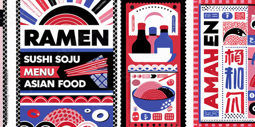 Colorful illustration featuring japanese food including ramen sushi and soju