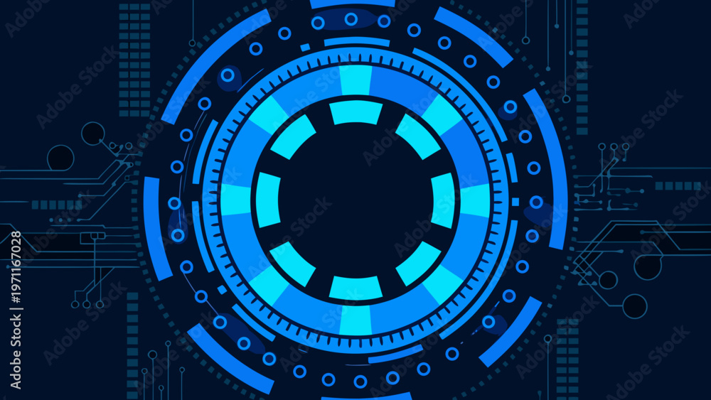 Obraz premium Abstract digital circuit board with concentric glowing blue rings and lines