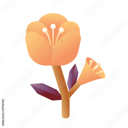 Modern Orange Blossom with Purple Leaves and White Pistils Vector