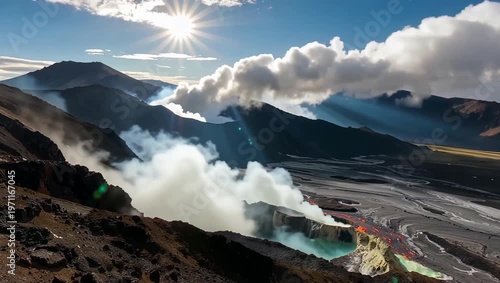 Dramatic Volcanic Landscape with Steam and Clouds Under a Sunny Sky.